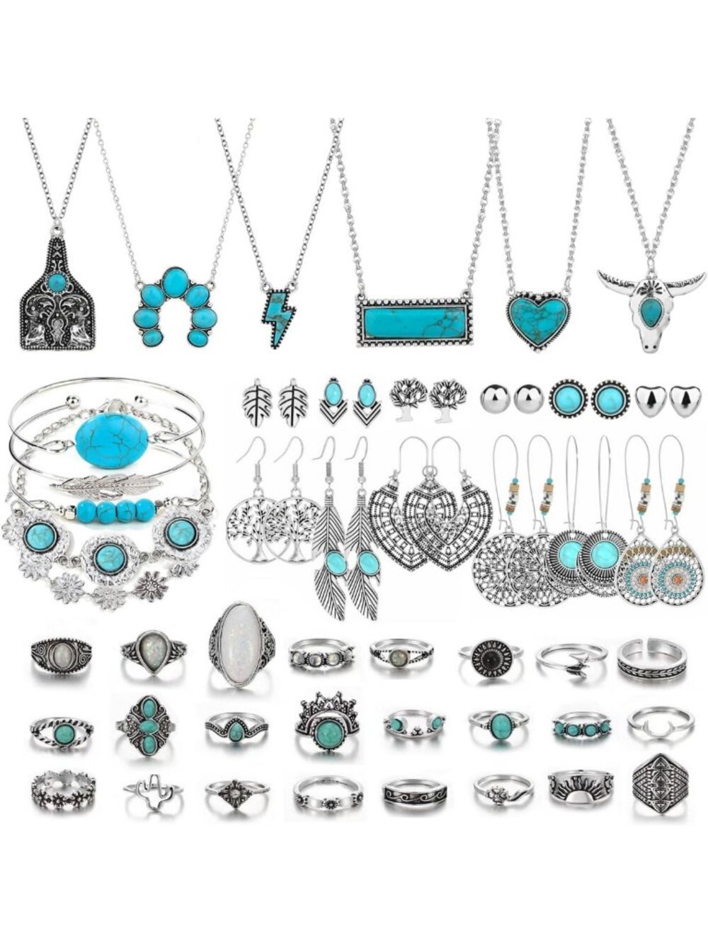 Boho Western Jewelry Set for Women - 59Pcs Turquoise Necklace, Earrings